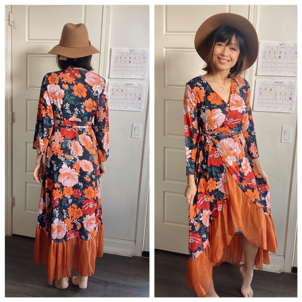 Boho Floral Print Asymmetrical Ruffle Hem Belted Maxi Dress - Picture 1 of 12